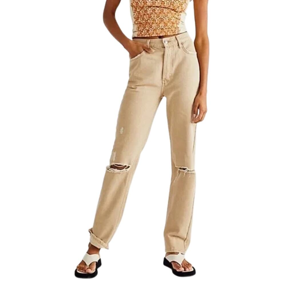 Free People Jeans Womens Size 27 Khaki Lasso Denim High Rise Distressed Grunge